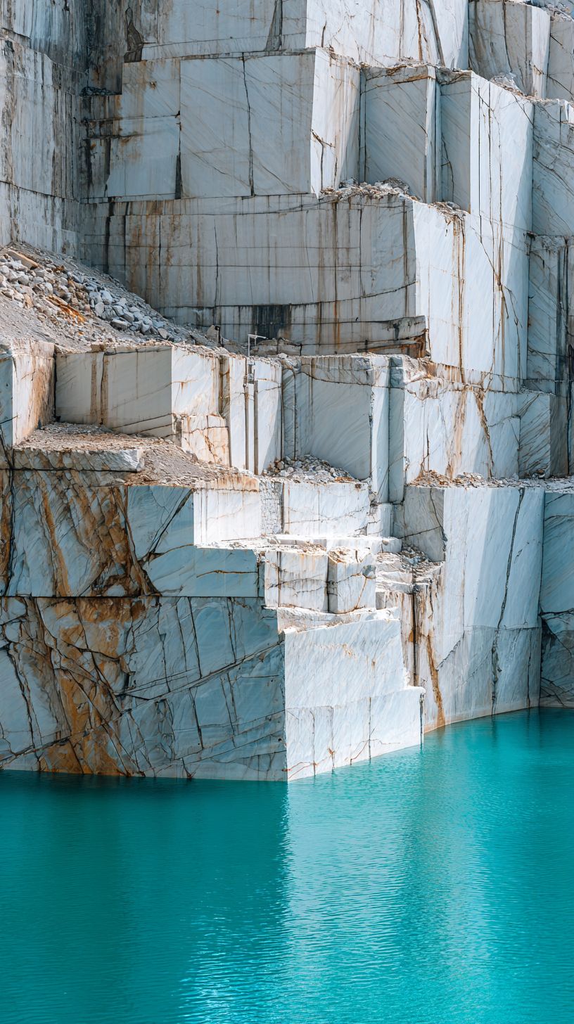 하얀 대리석 채석장의 기하학적 패턴과 바닥의 청록색 수면이 대비를 이룬다