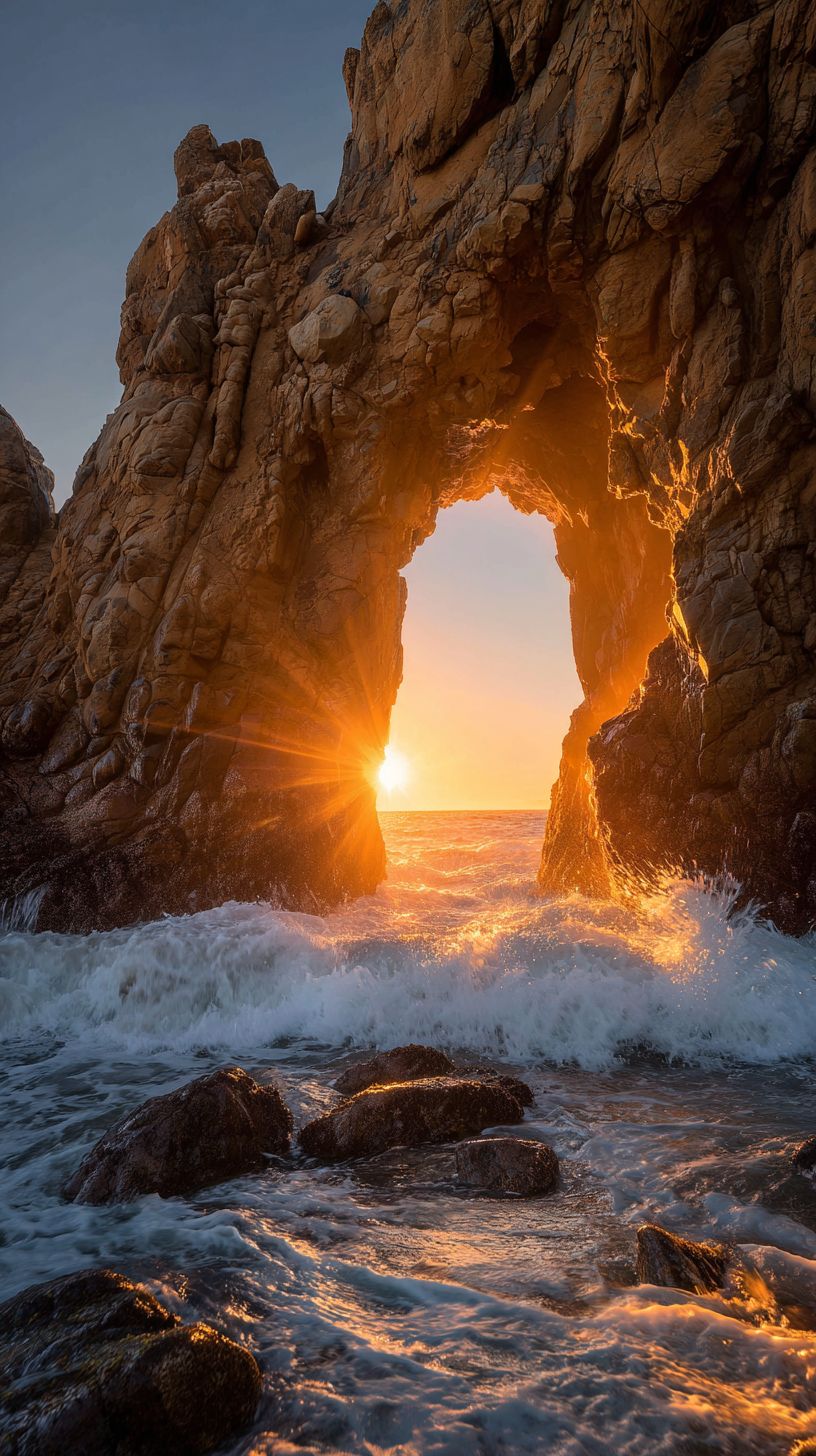 Dramatic sea arch sunset with sun setting through the arch and crashing waves below