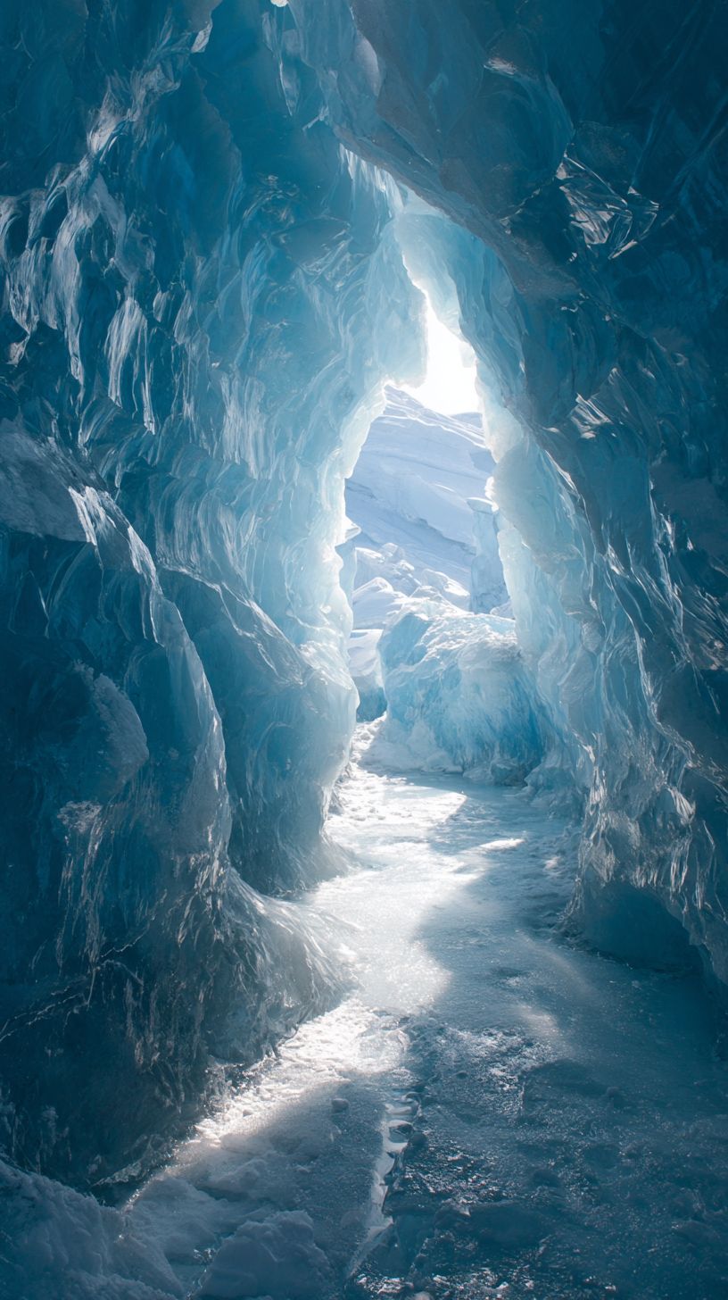The ice cave features deep blue crystalline walls with light filtering through the ice resembling an otherworldly frozen cathedral