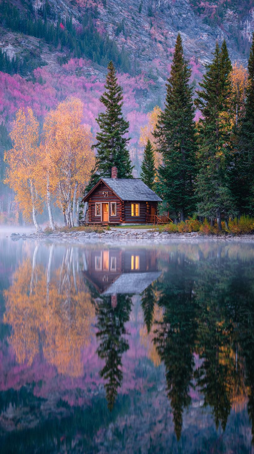 Un petit chalet en rondins parfaitement reflété dans un lac de montagne calme entouré de couleurs d'automne