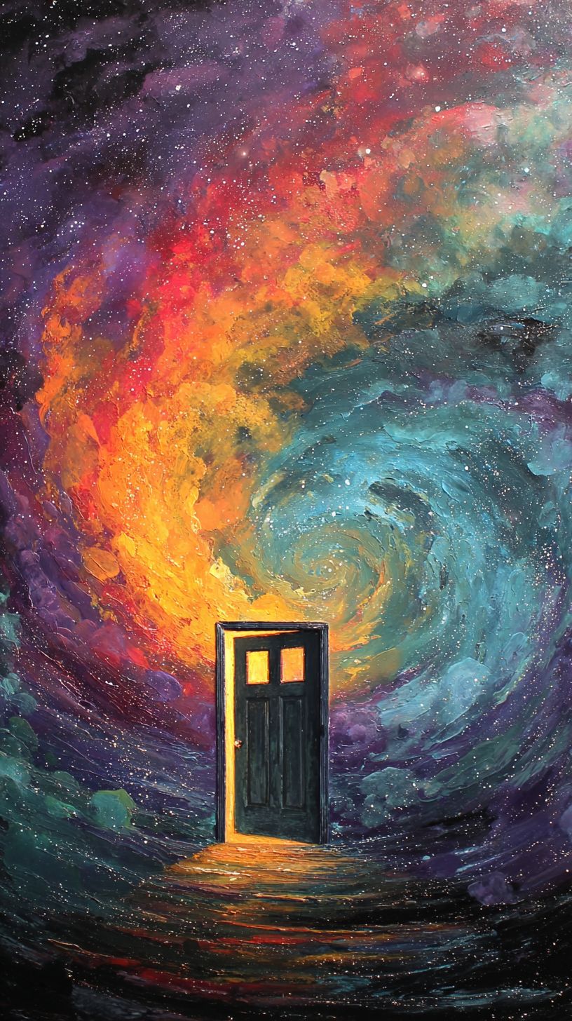 Uma porta de madeira pintada com uma galáxia espiral está sozinha no espaço cósmico abstrato