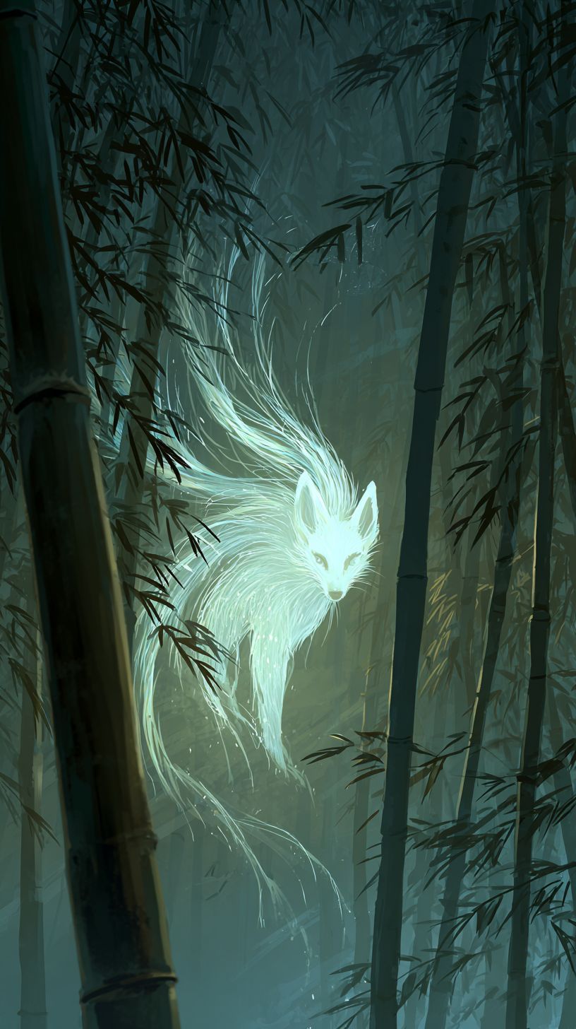 안개 낀 대나무 숲에서 아홉 개의 꼬리를 가진 여우 정령이 나타납니다