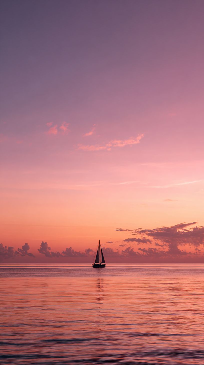 At dawn, a tranquil ocean and a single sailboat silhouette against a soft pink and orange gradient sky