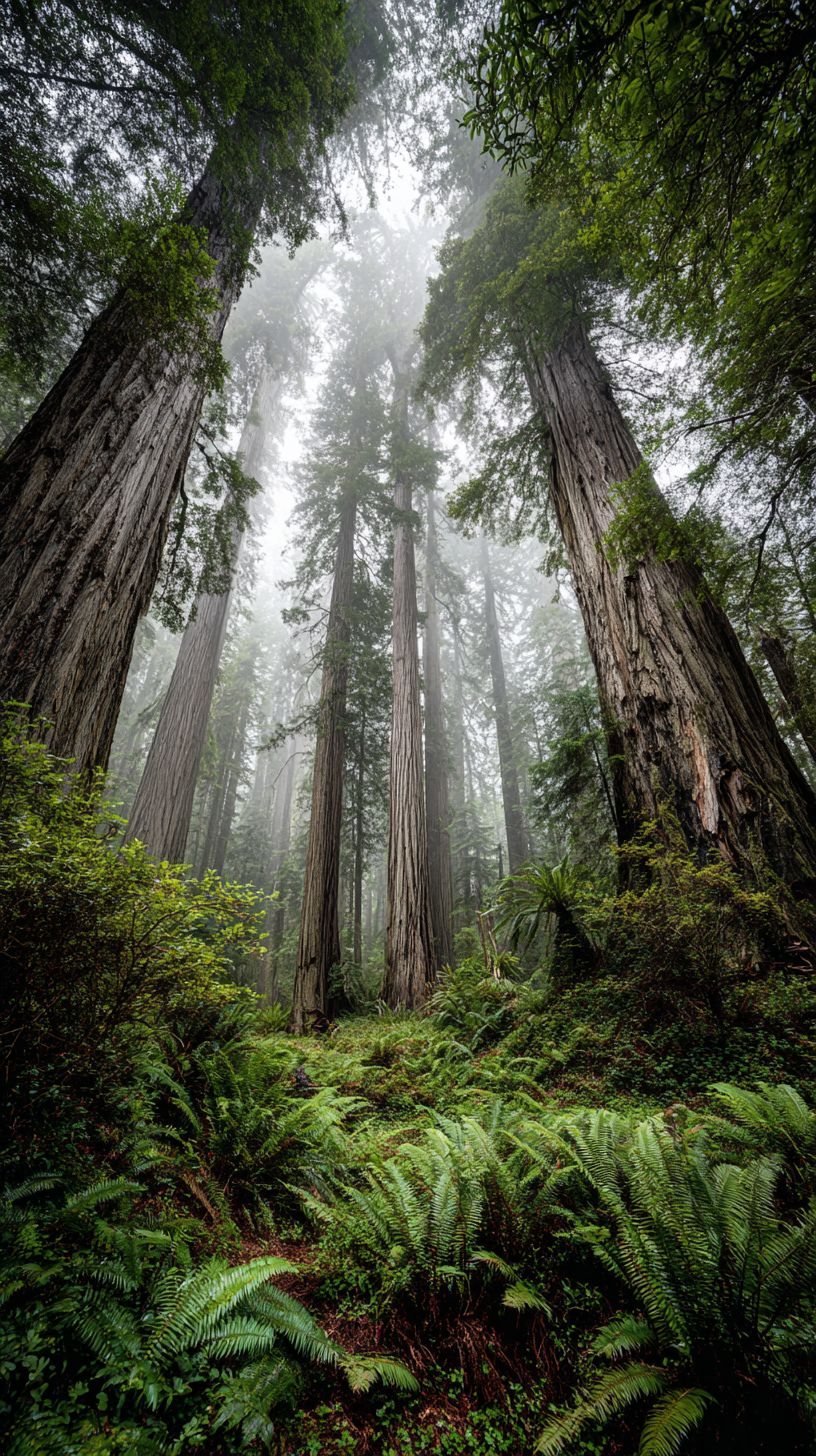 거대한 세쿼이아 나무가 안개 속으로 사라지는 자이언트 레드우드 숲