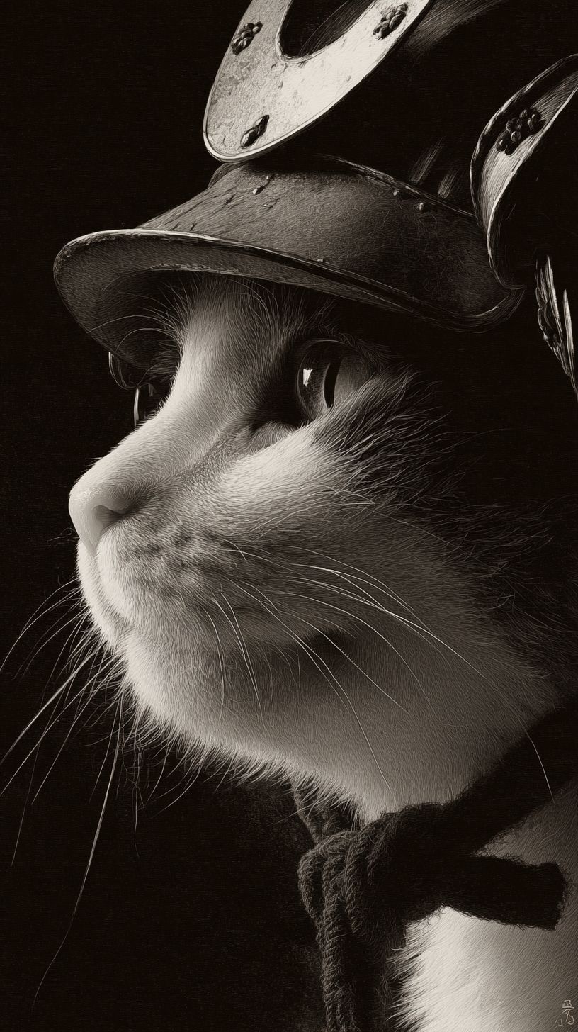 武士の兜をかぶった日本のボブテイル猫の肖像