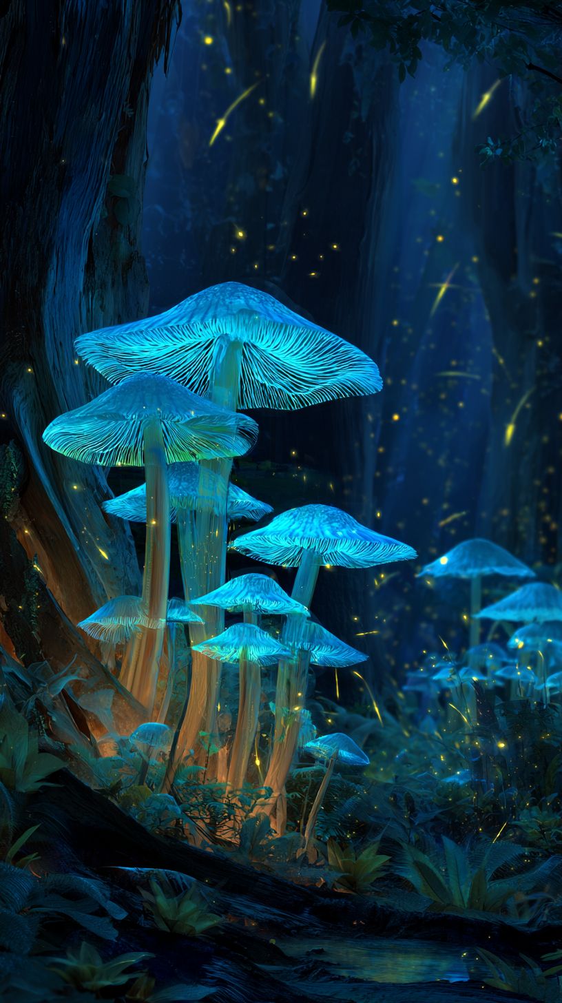 Glowing mushrooms and fireflies in a magical night atmosphere