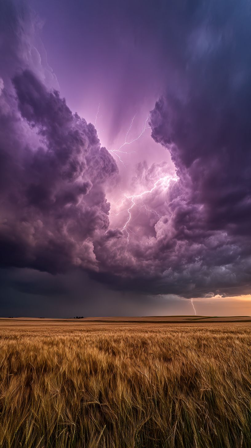 سحابة كثيفة من اللفاح وبروق فوق حقل قمح ذهبي شاسع
