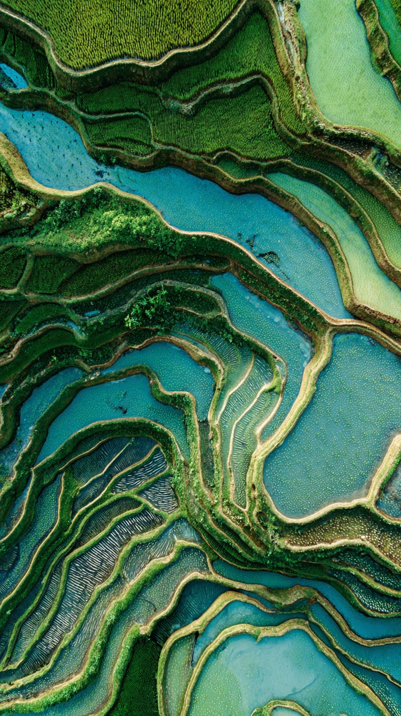 С высоты птичьего полета террасированные рисовые поля Вьетнама или Филиппин отражают небо