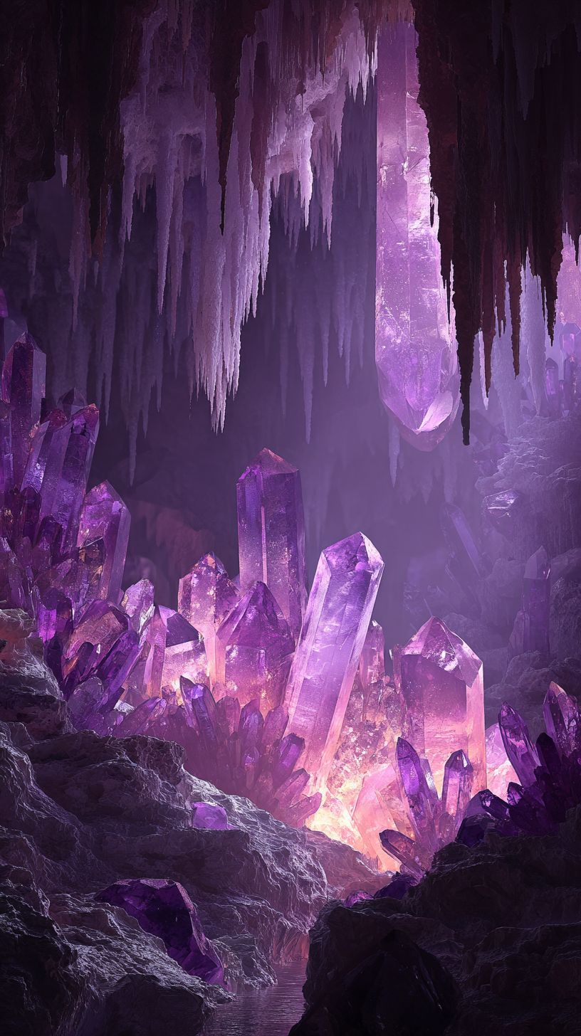 水晶洞窟の内部は巨大なアメジストの結晶で満たされ、紫色の光を放つ地下洞窟で、鍾乳石があり、神秘的で魔法のような雰囲気