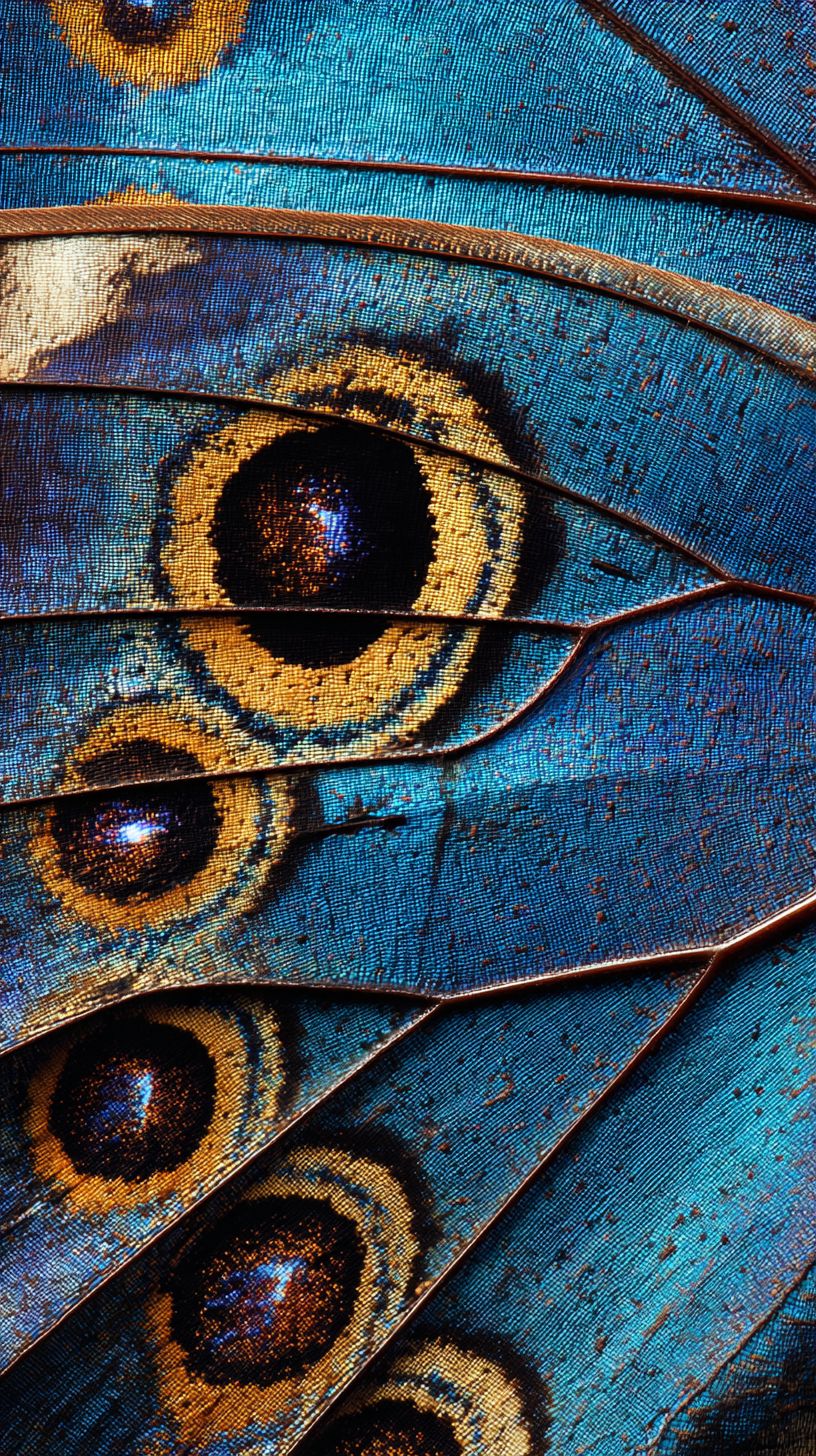 Макросъемка крыла мотылька морфо с иридисцентными синими чешуйками и глазками