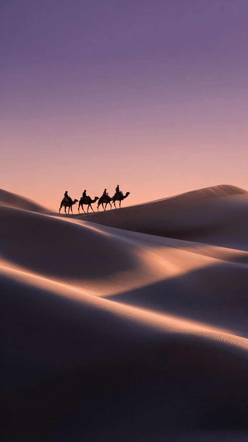 Desert dunes at twilight with camel silhouette