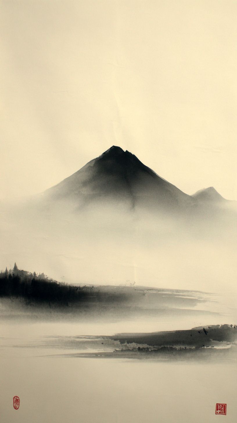 Minimalist ink wash painting of a lone mountain in mist
