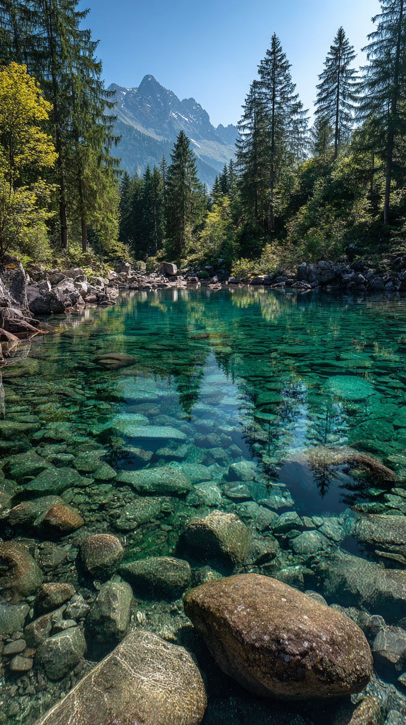 The crystal clear lake in the Swiss Alps reflects the pine forest and submerged rocks