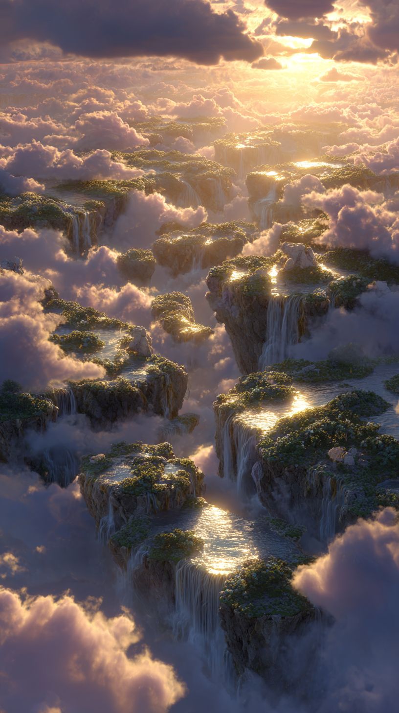 Floating islands and waterfalls at golden hour