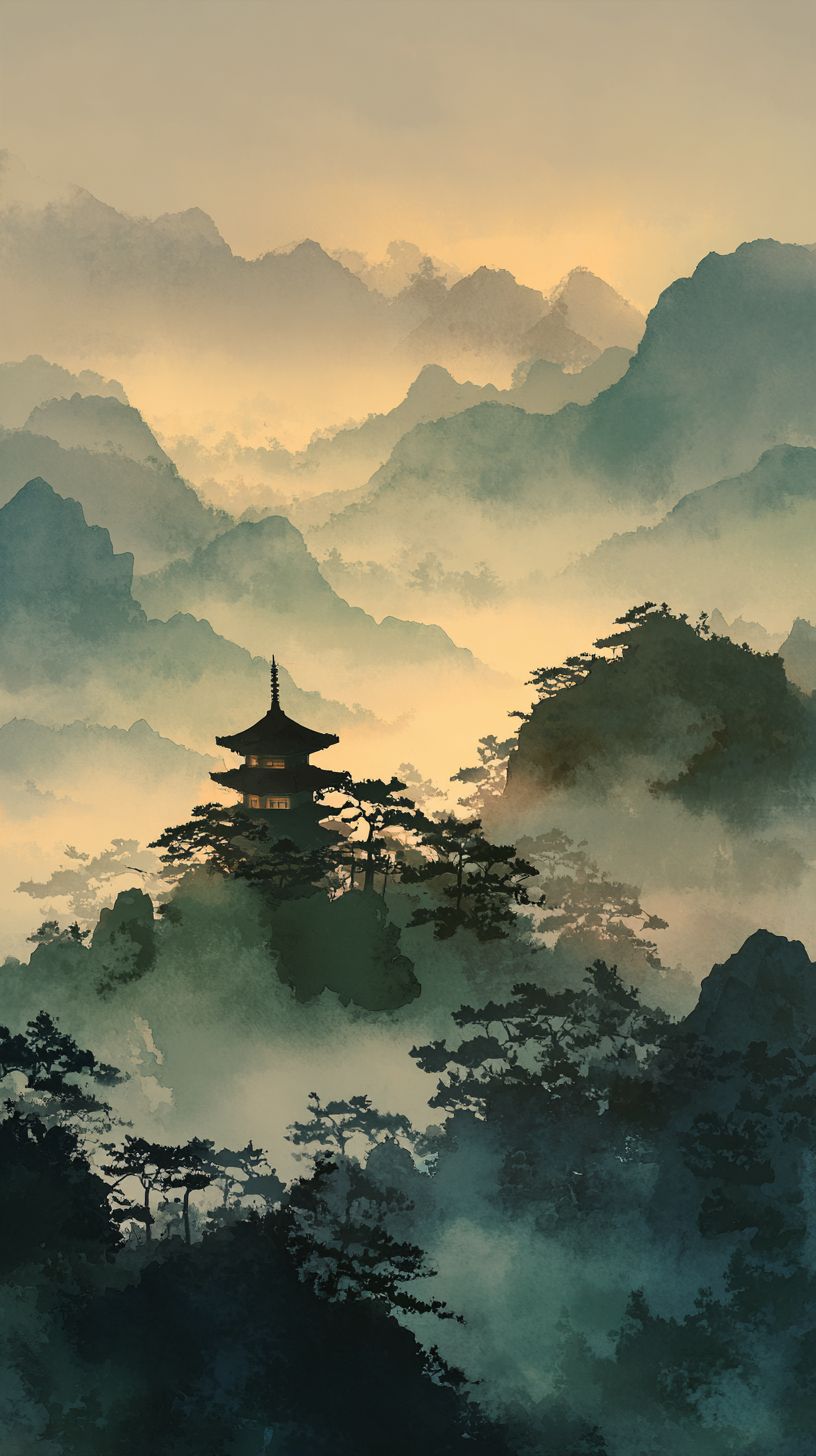 Pagoda china antigua en la niebla matutina