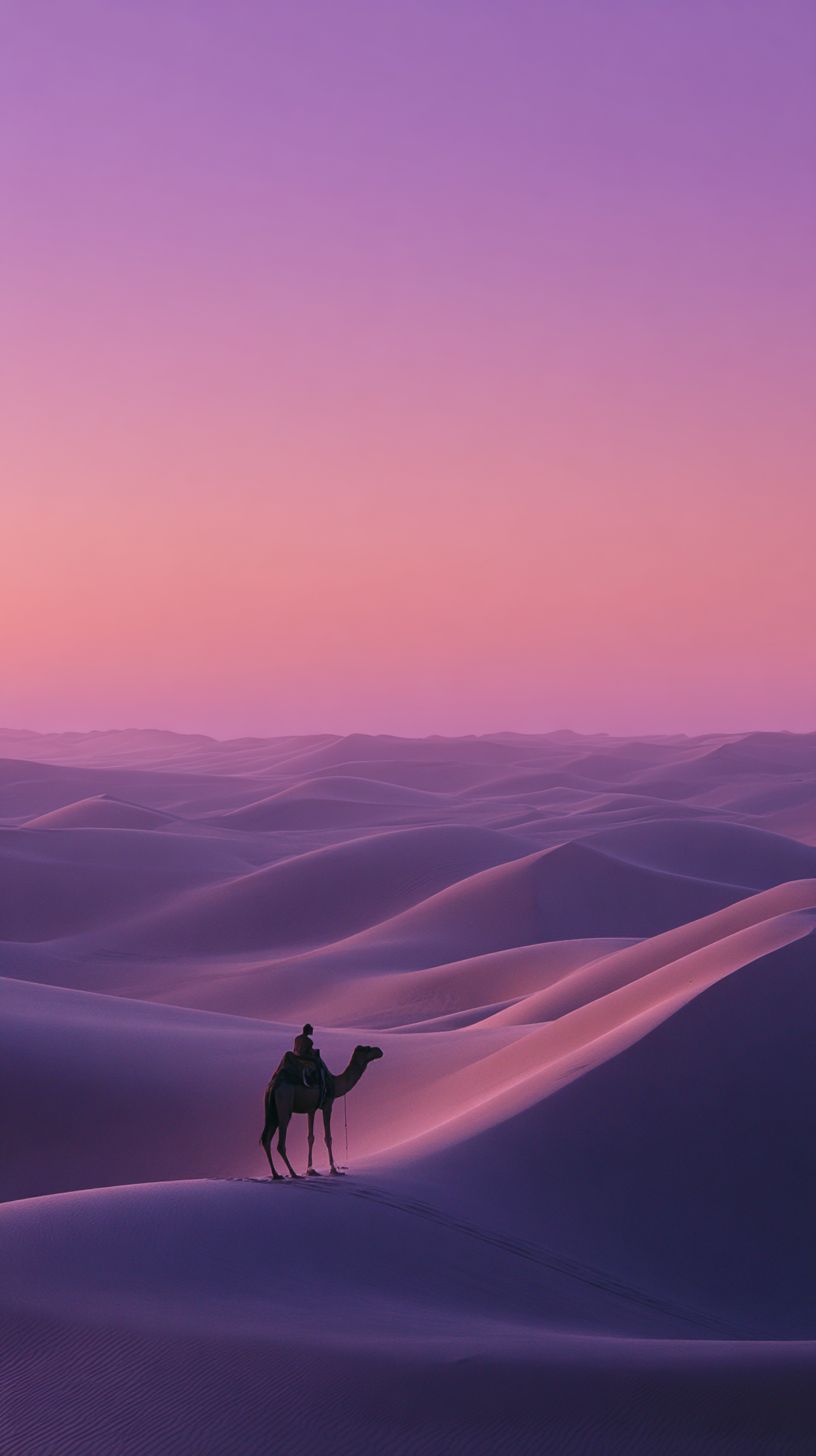Dunes désertiques au crépuscule dans le Sahara avec la silhouette d'un chameau contre un ciel violet
