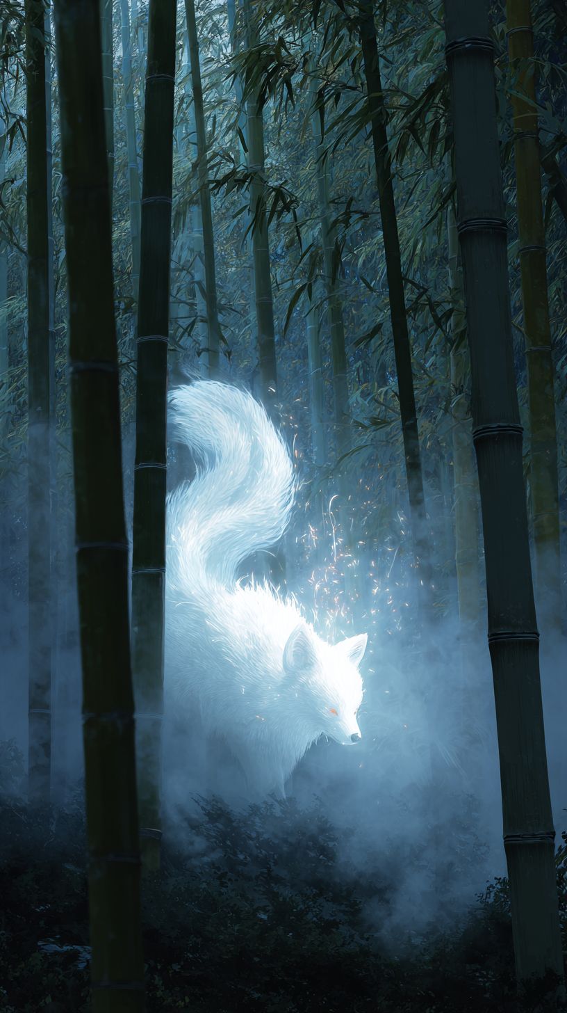 A nine-tailed fox spirit emerging from a misty bamboo forest