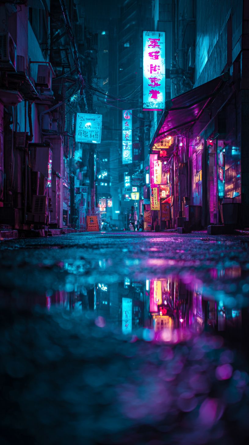 Neon city reflection in a cyberpunk Tokyo alley at night with wet pavement reflecting neon signs