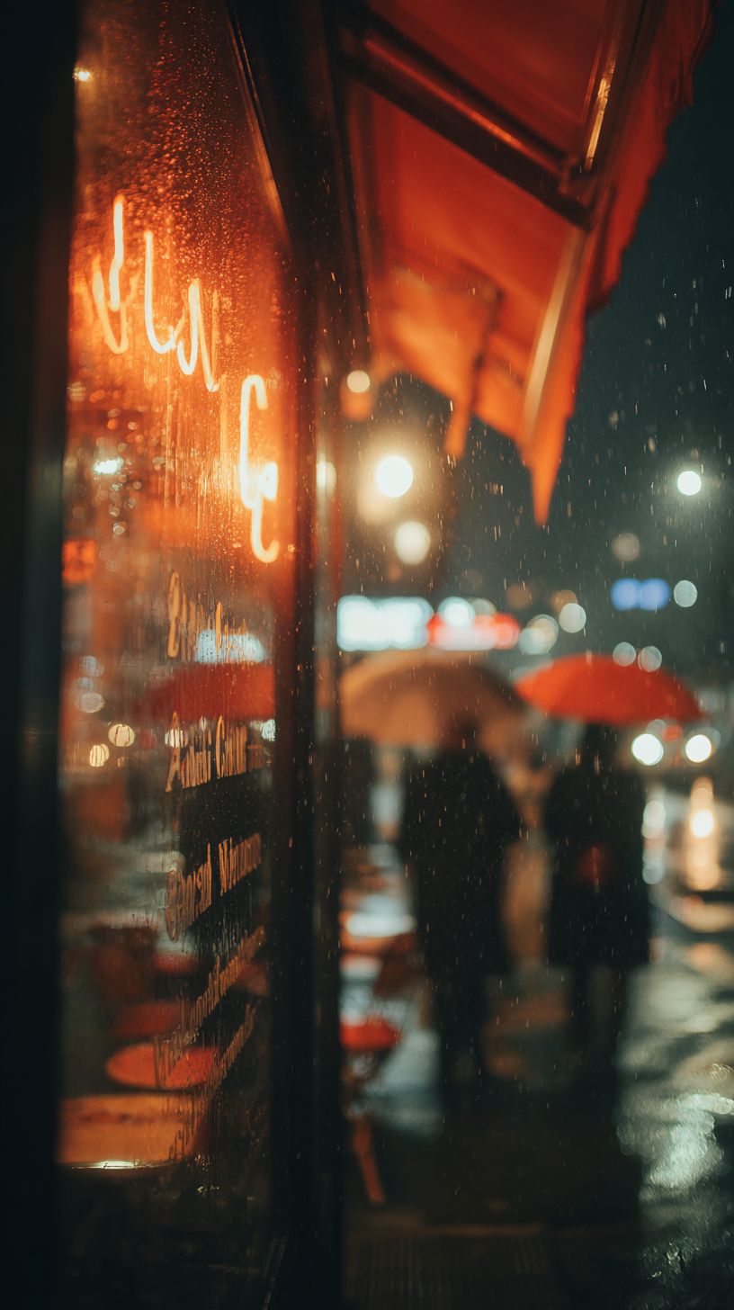 Warm light spills from a midnight cafe onto a rain-soaked street