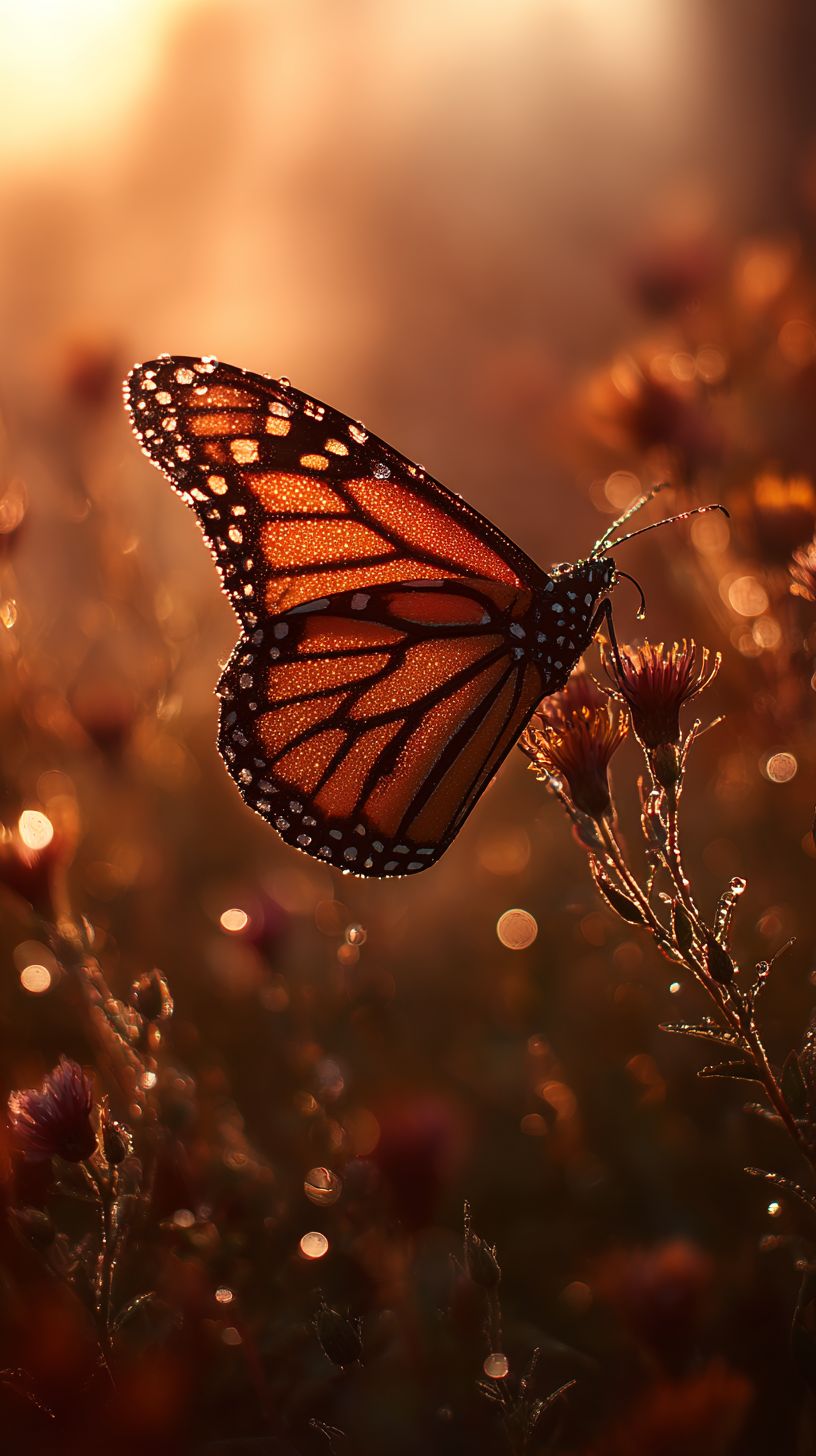 Uma borboleta monarca pousando em uma flor selvagem na hora dourada