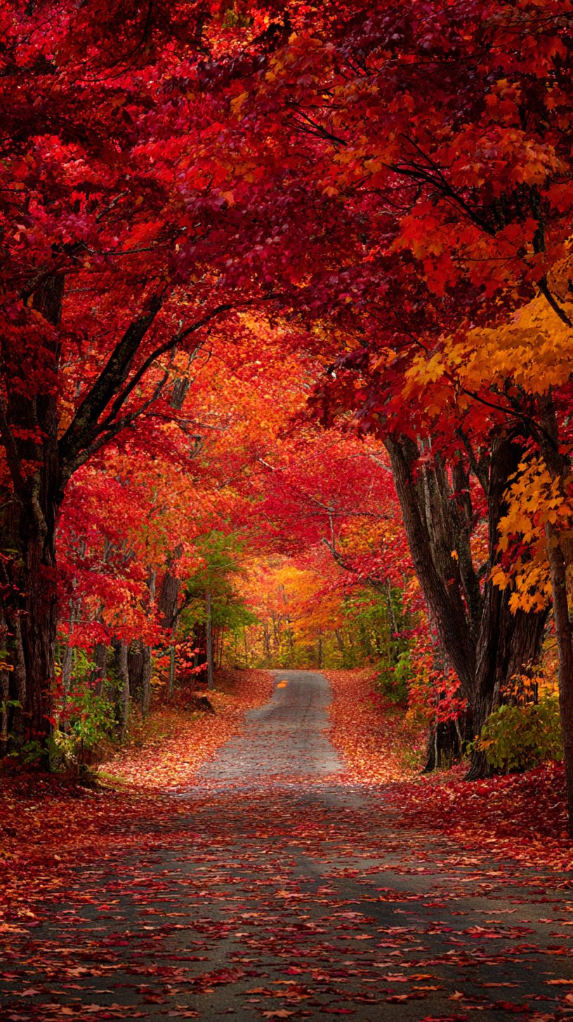La route du tunnel d'érables en automne couverte par un plafond d'érables rouges et dorés