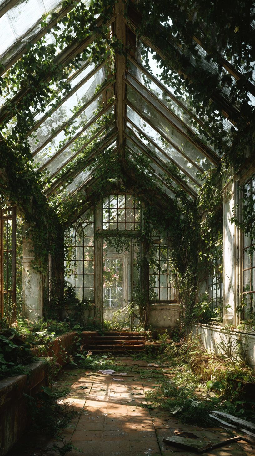 废弃的维多利亚温室被爬藤植物覆盖，阳光透过玻璃天花板洒下，自然再生的忧郁美感