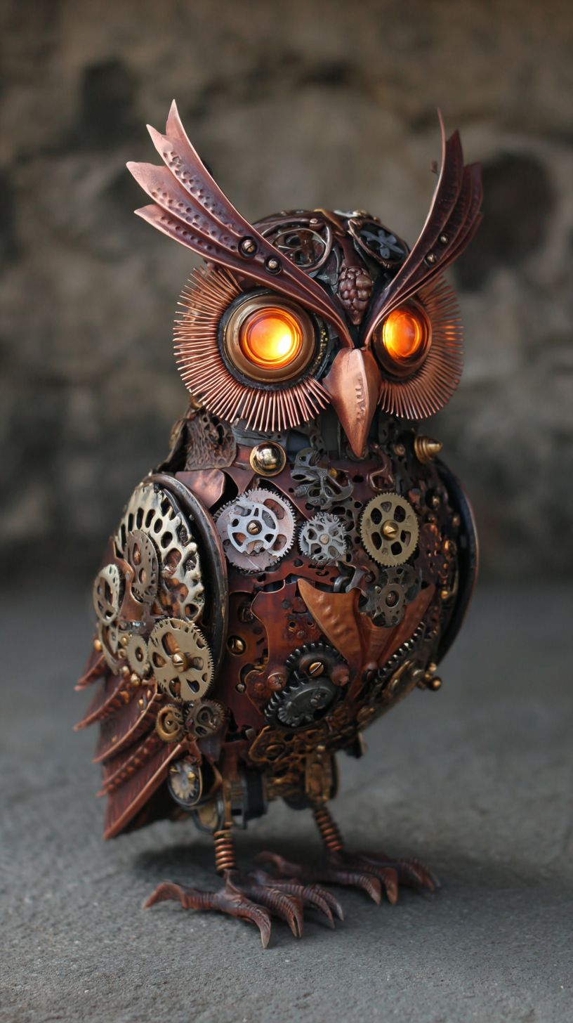 Intricate steampunk mechanical owl with brass gears and copper feathers, glowing amber eyes