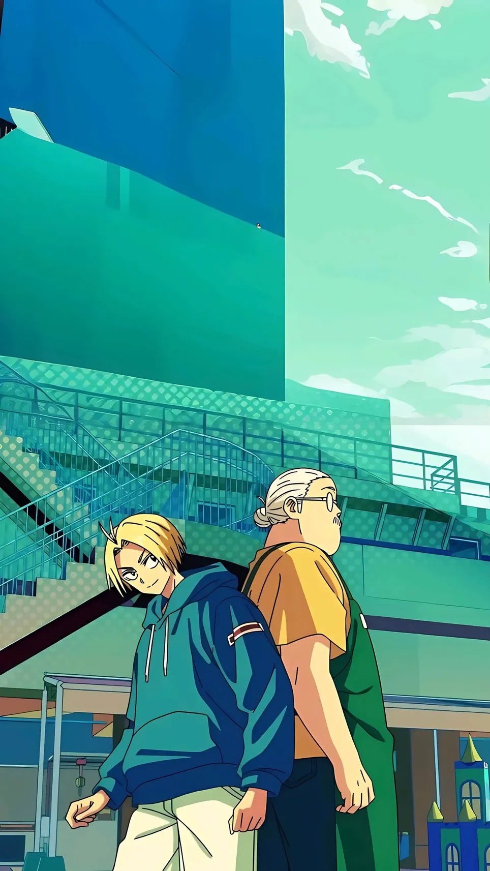Two male characters stand side by side in an urban scene