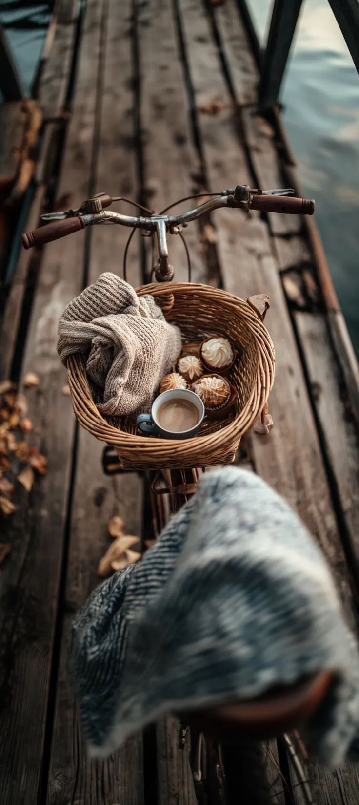 Lifestyle photograph of a vintage bicycle with a basket containing a cream knit scarf, ceramic coffee cup, and a pastry