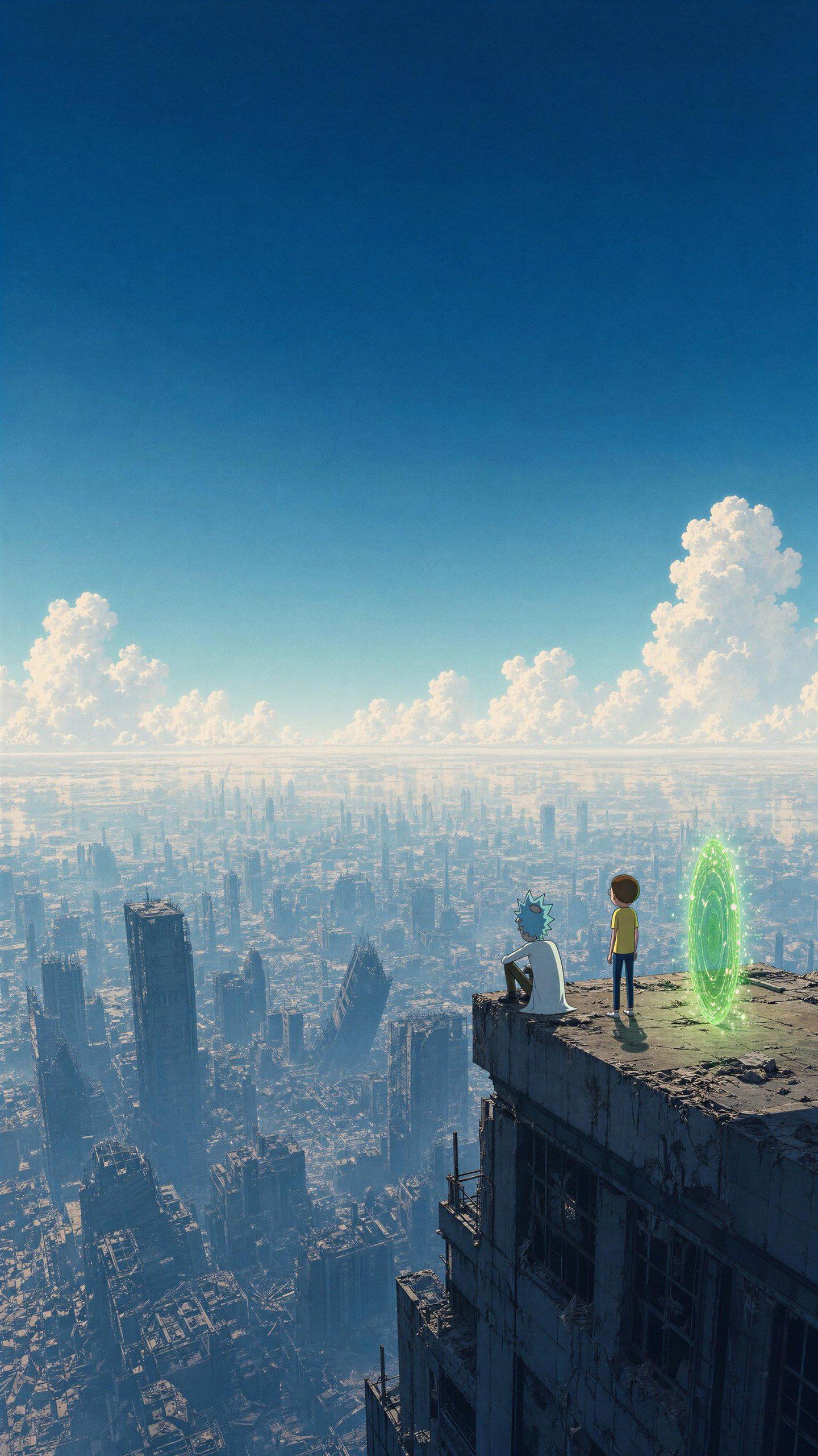 Rick and Morty wallpaper depicts a blue-haired scientist and a yellow-clothed boy at the edge of a post-apocalyptic city