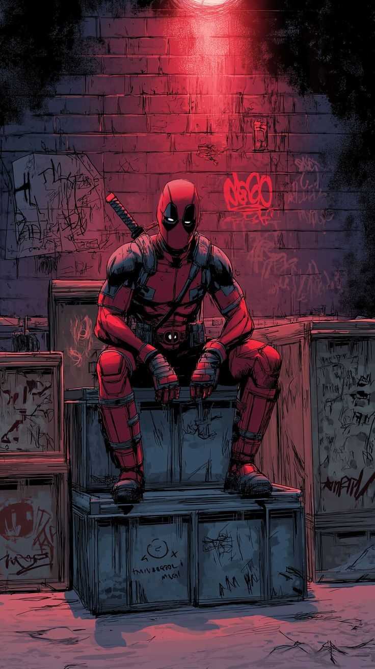 Deadpool slumped against stacked crates in a graffiti-covered alley