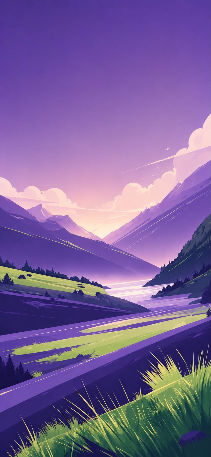 The third iteration of the landscape features a dreamlike purple and green palette