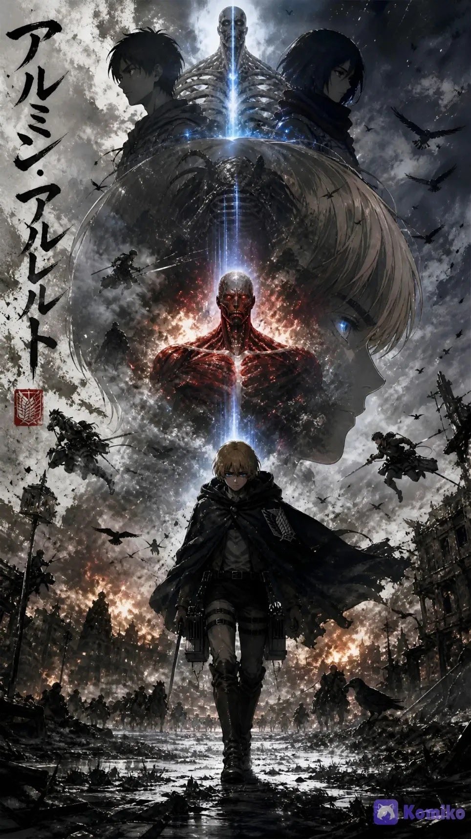 Armin appears in a dark-themed Attack on Titan wallpaper