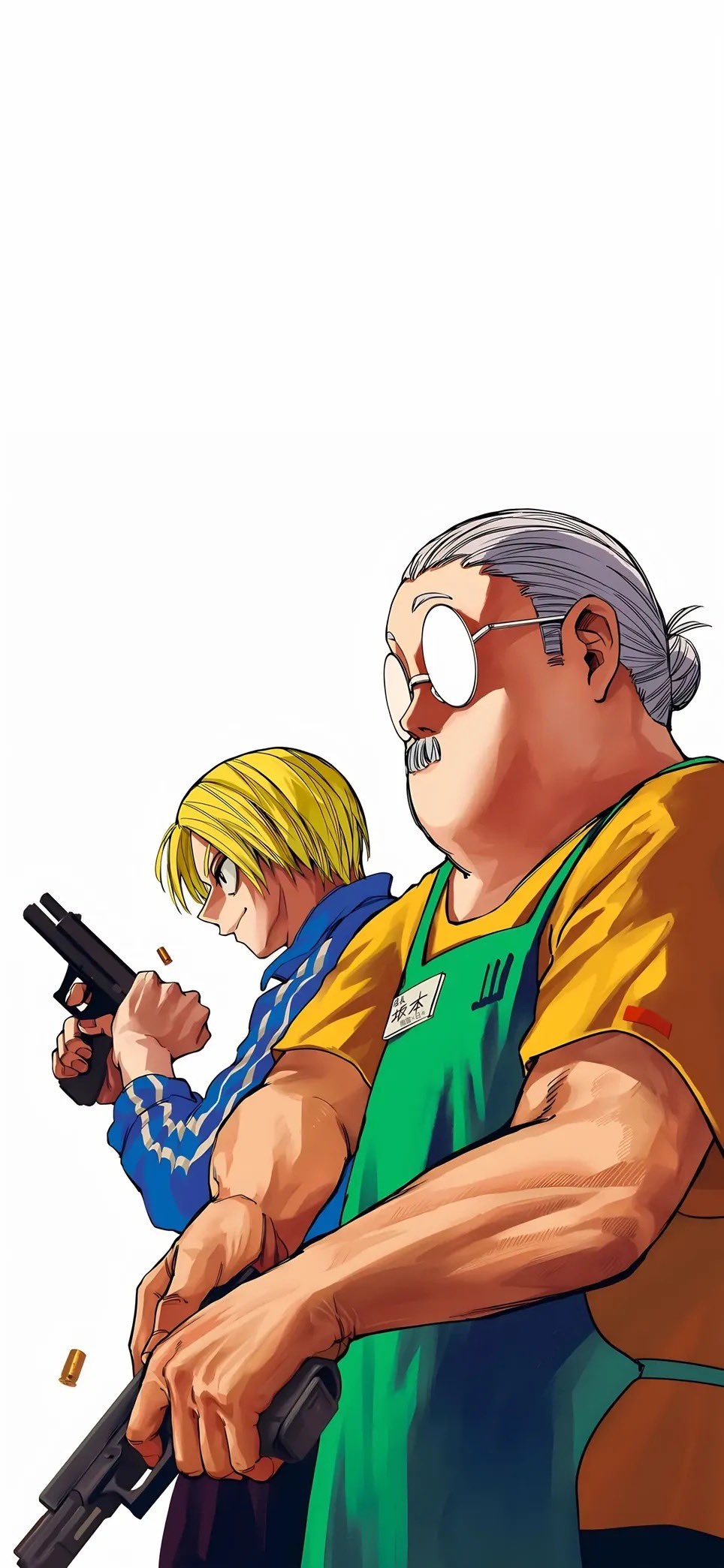 The Sakamoto daily wallpaper features an intense shooting scene with a white-haired uncle and a blonde boy