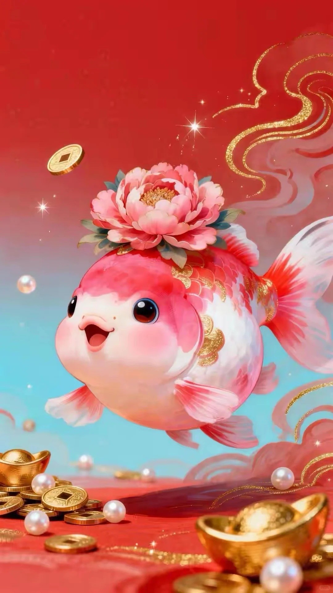 Un pez dorado rosa adornado con una corona de peonías y escamas brillantes representa una ilustración de estilo nacional femenina y auspiciosa