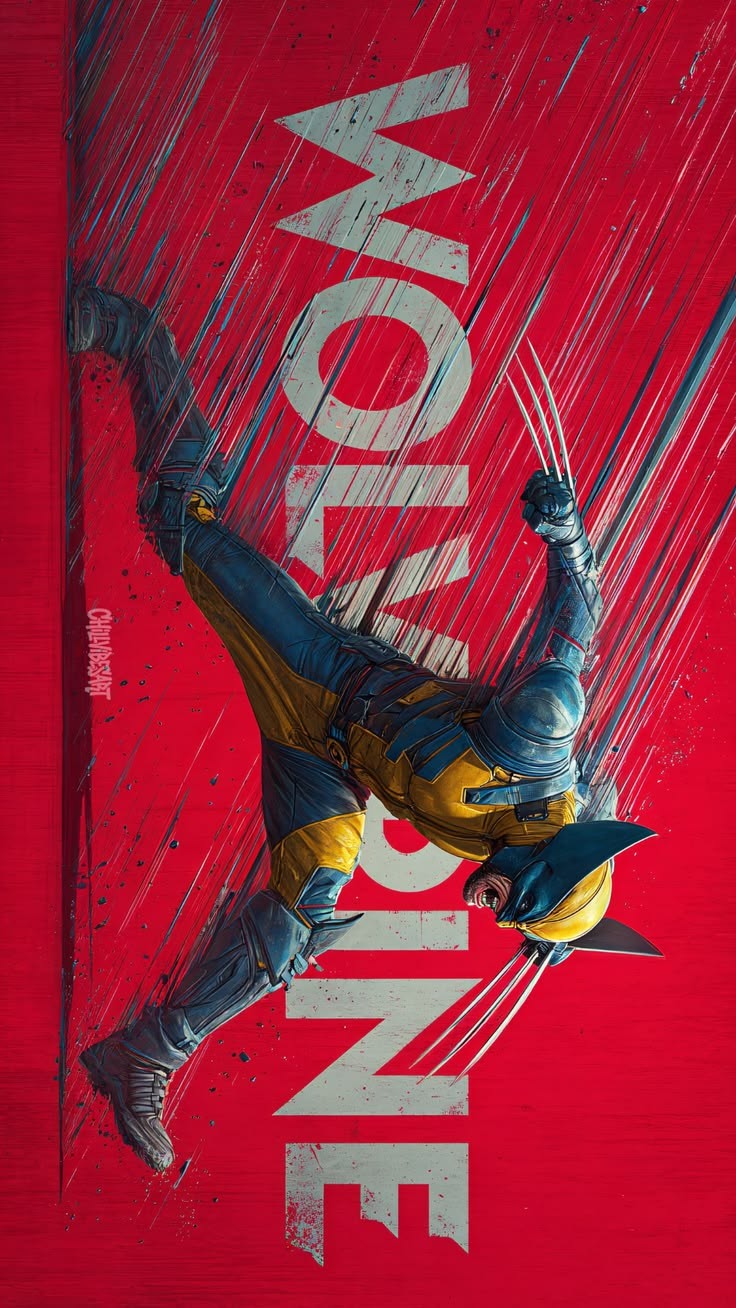 Crouched figure in dark clothing with gold and blue accents against a red background