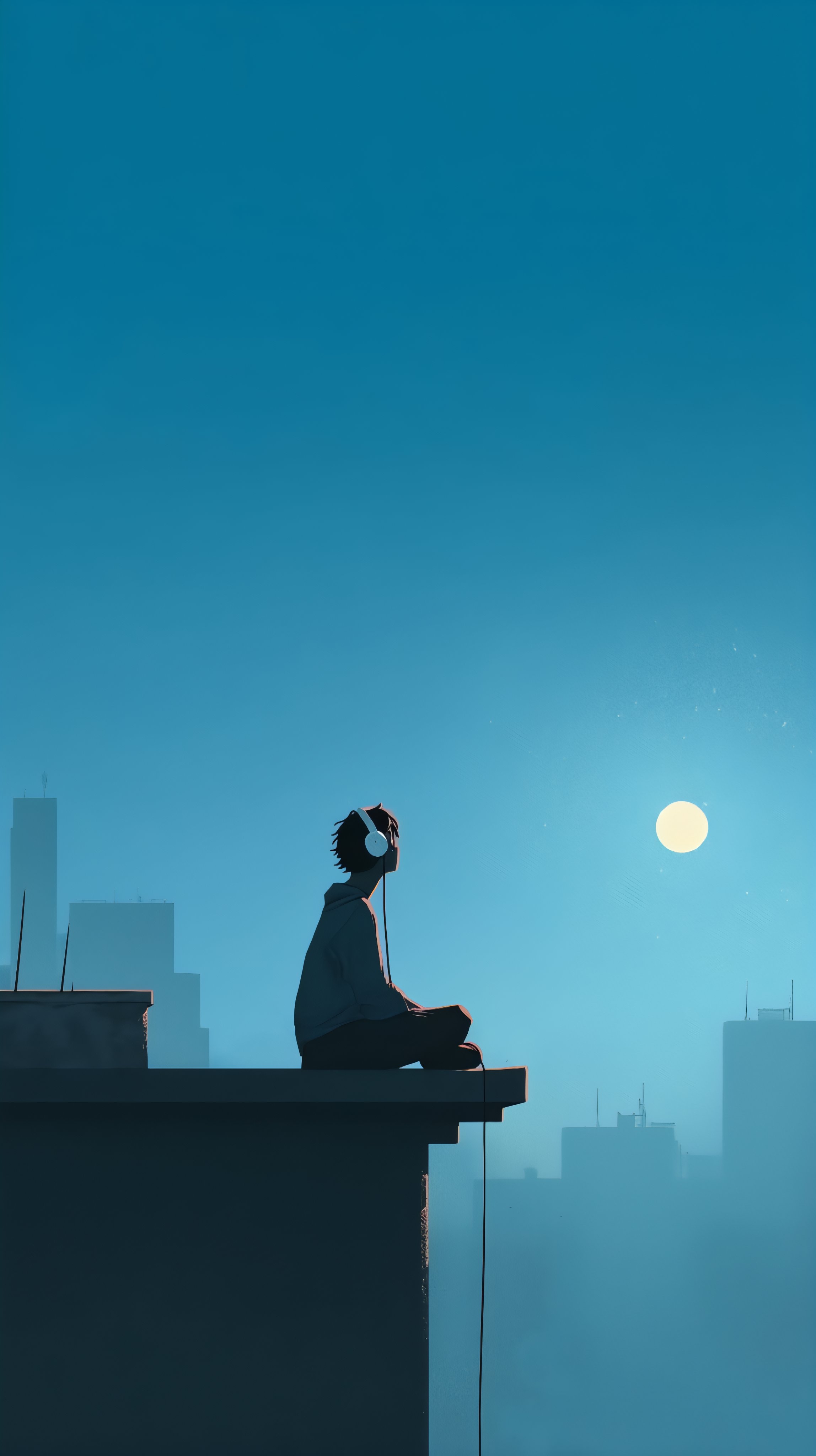 Esta ilustración digital presenta una figura en silueta sentada en un tejado con un cielo azul de fondo