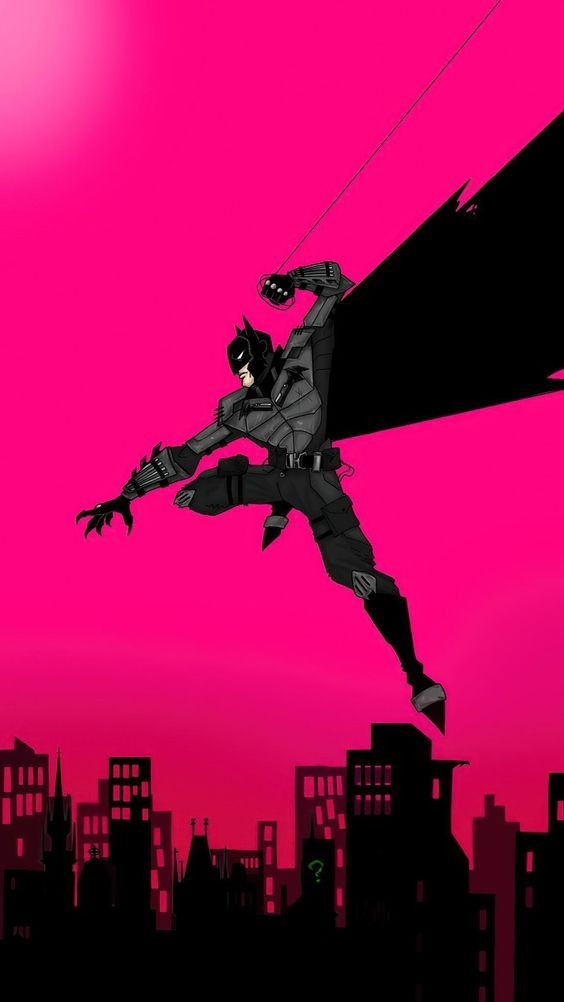 A stylized Batman swings through a hot pink sky above a black city silhouette