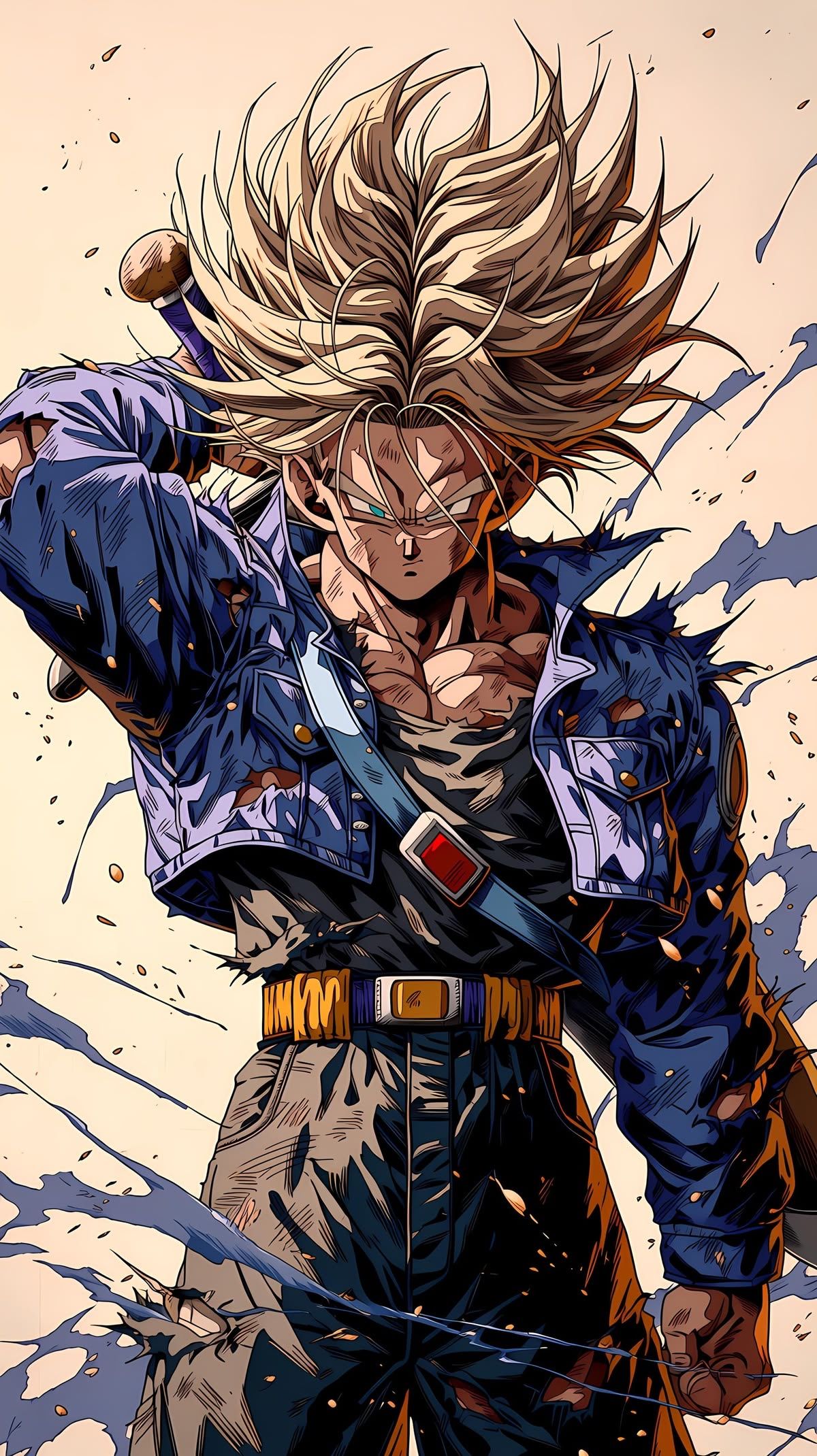 Un personaje de anime con cabello rubio alborotado y ojos turquesa, vistiendo una chaqueta de mezclilla azul rasgada y pantalones negros, mostrando una postura confiada mientras alcanza su espada