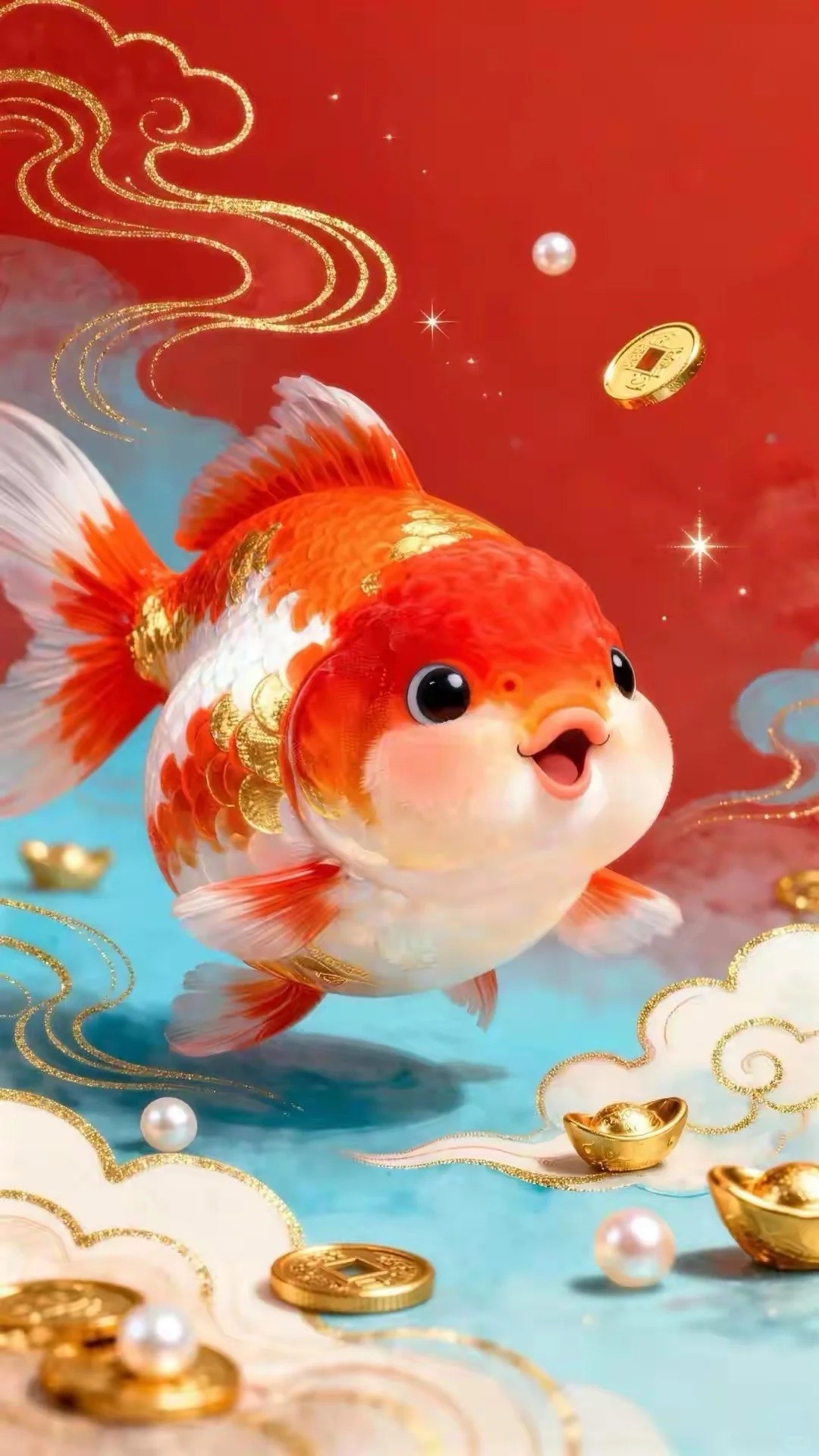 Un pez dorado nada en un fondo rojo y azul rodeado de lingotes de oro y perlas creando una atmósfera próspera