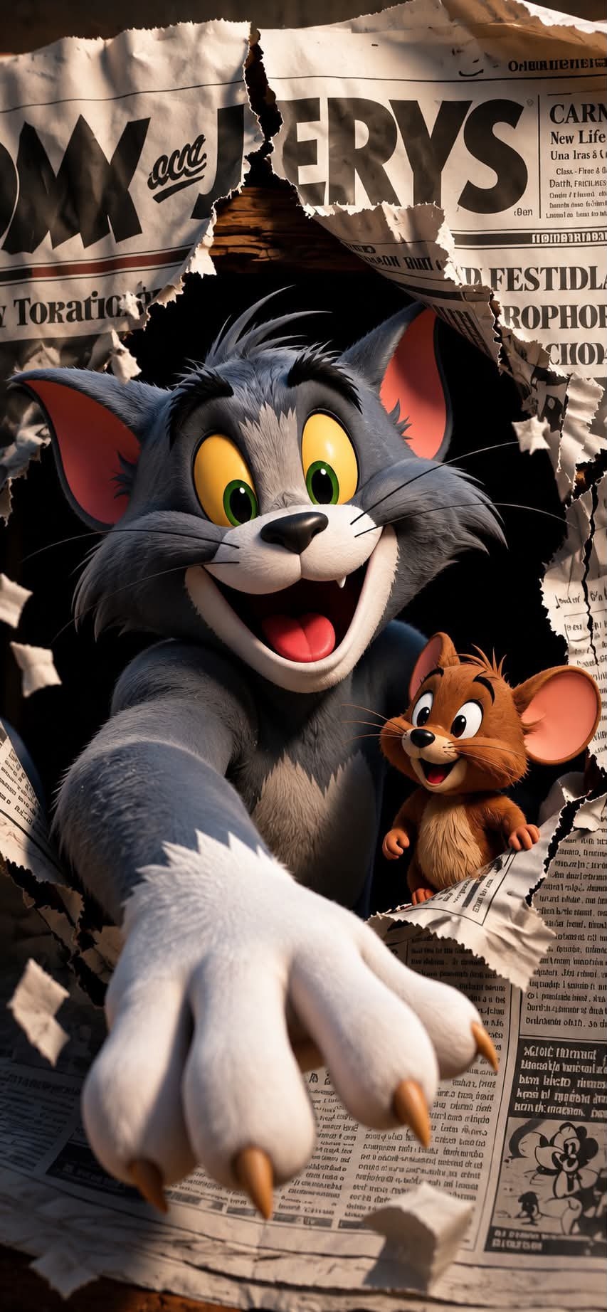 Tom and Jerry burst through a torn newspaper page in a hyper-realistic 3D render