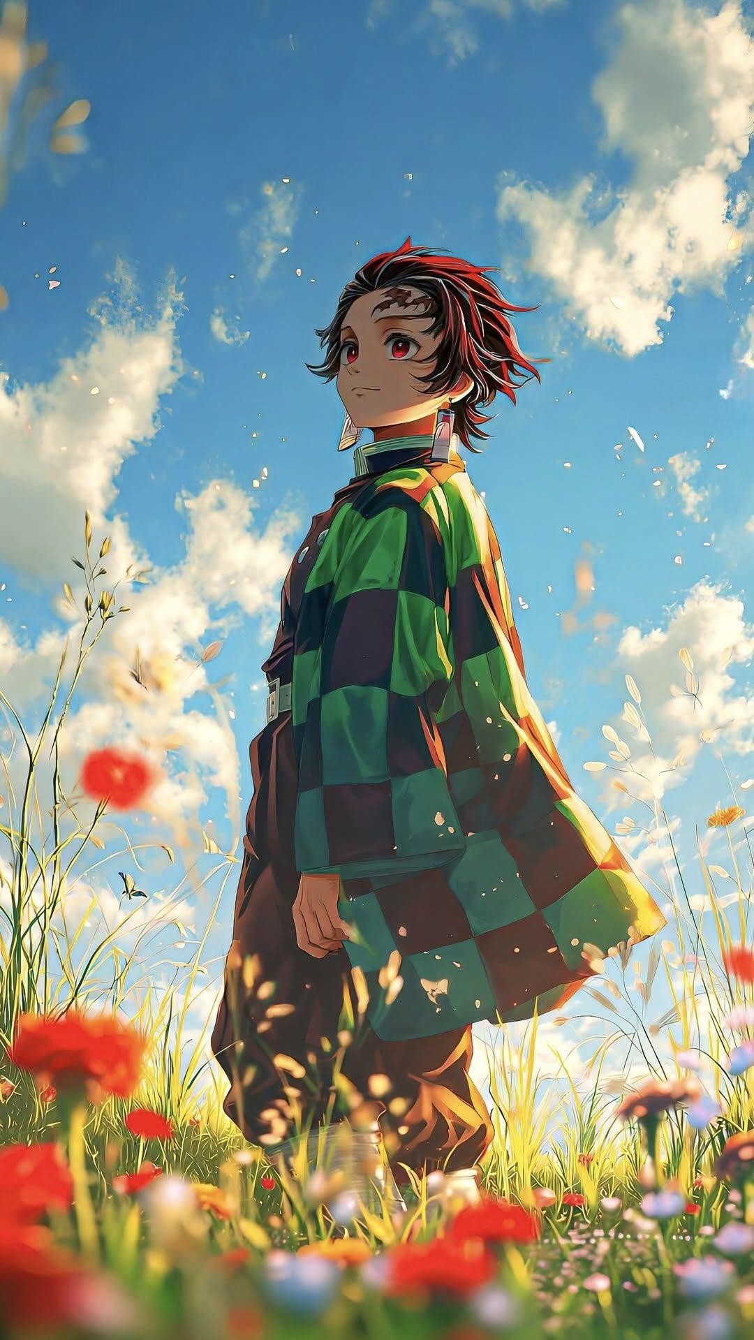Wallpaper von Tanjiro, der in einer heilenden Szene auf einem Blumenfeld steht