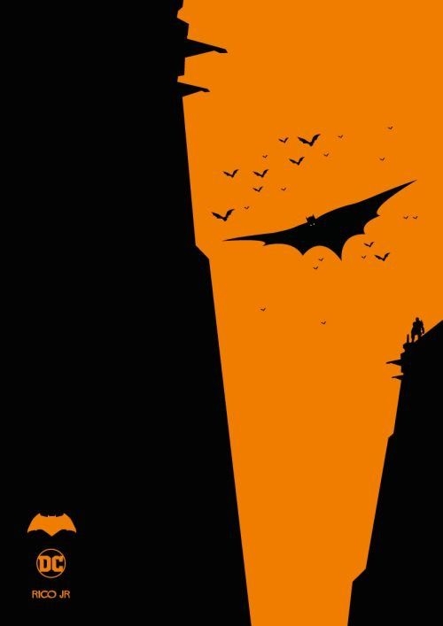 Silhouette minimaliste de Batman en noir et orange fusionnée avec la skyline de Gotham