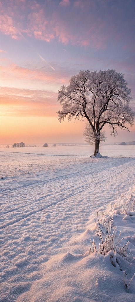 Lavender dawn light falls on the snowy expanse, a lone tree stands dreamily