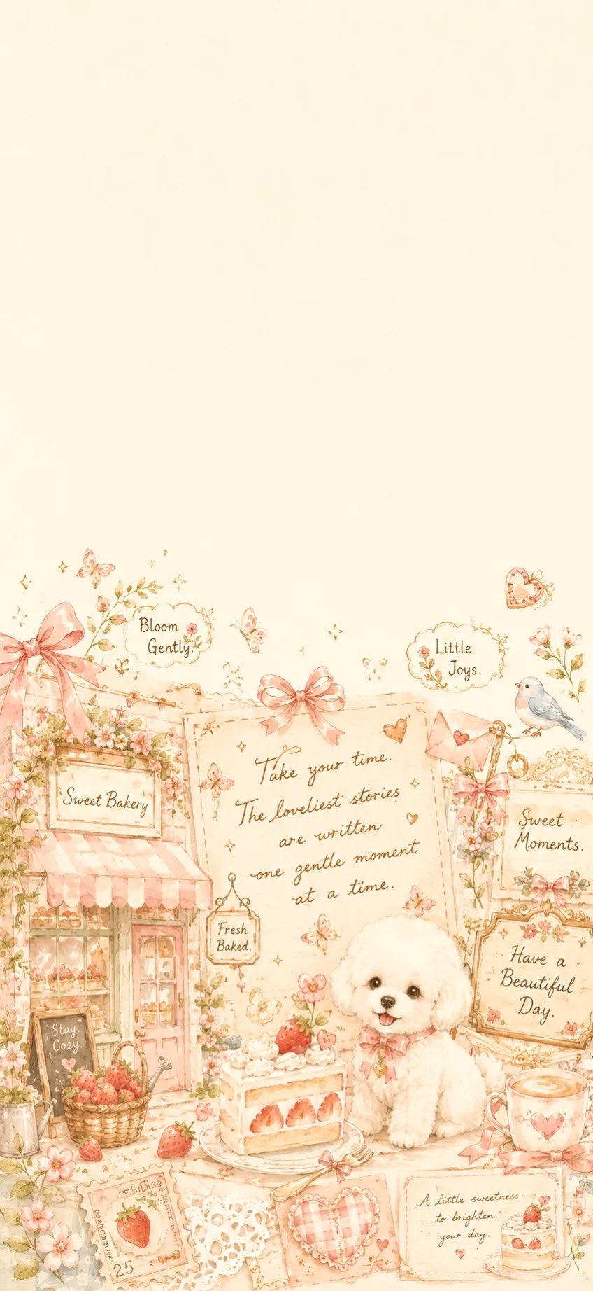 Illustration douce en aquarelle mettant en avant des vignes florales et de petits oiseaux, transmettant un charme de vie lente