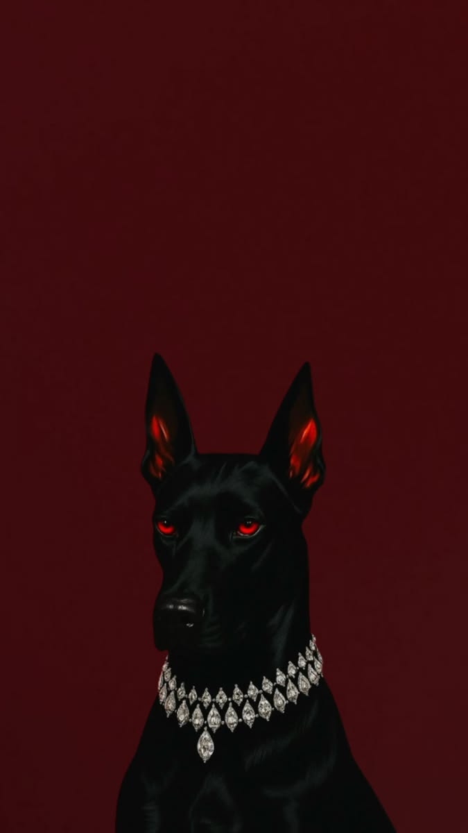 黑色杜賓犬與紅眼鑽石項鍊的奢華壁紙