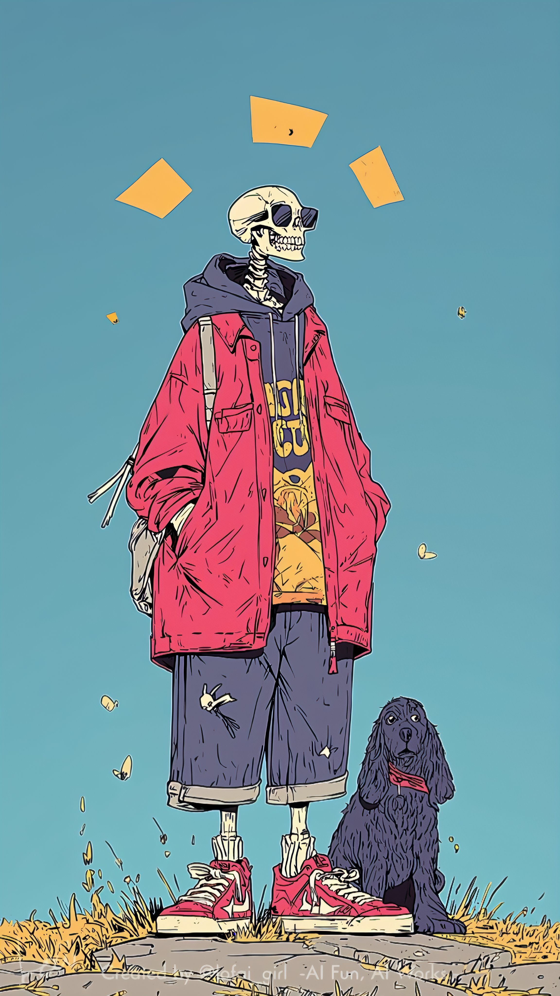 Eine Illustration eines Skeletts in Sonnenbrille und übergroßer roter Jacke