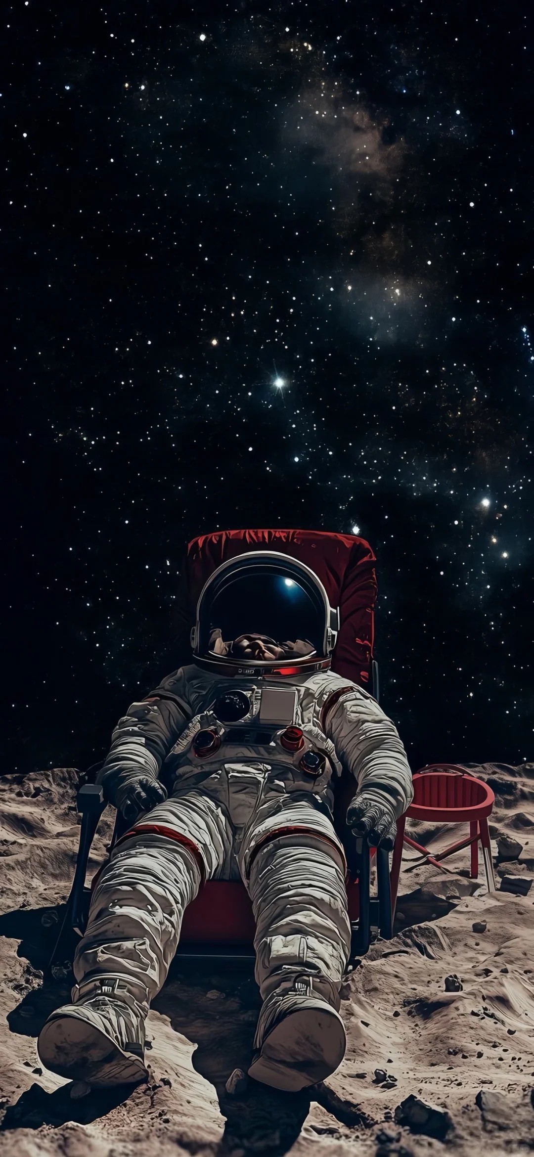 Wallpaper of an astronaut sitting on the moon looking at the stars