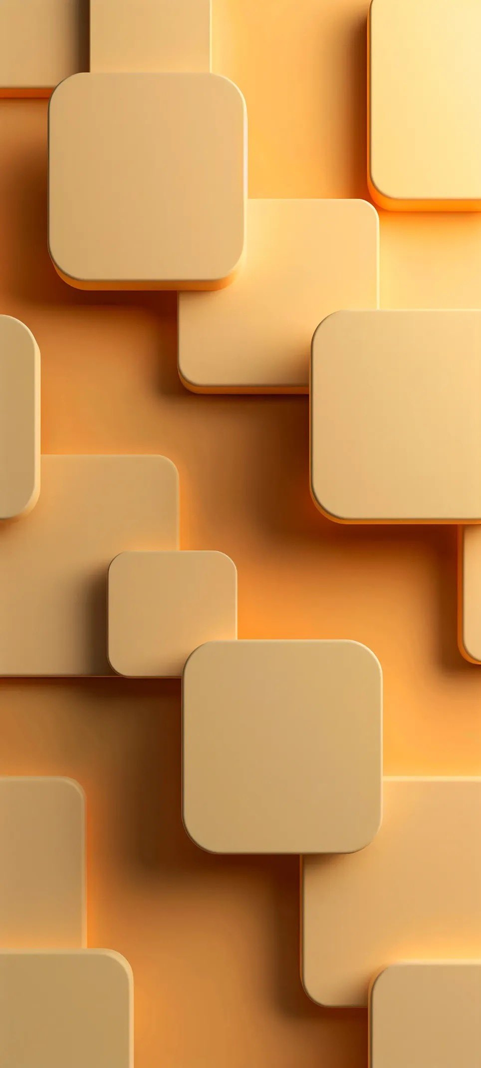 Warm-toned abstract 3D composition features interlocking rounded rectangles in creamy beige, caramel, and golden-orange hues