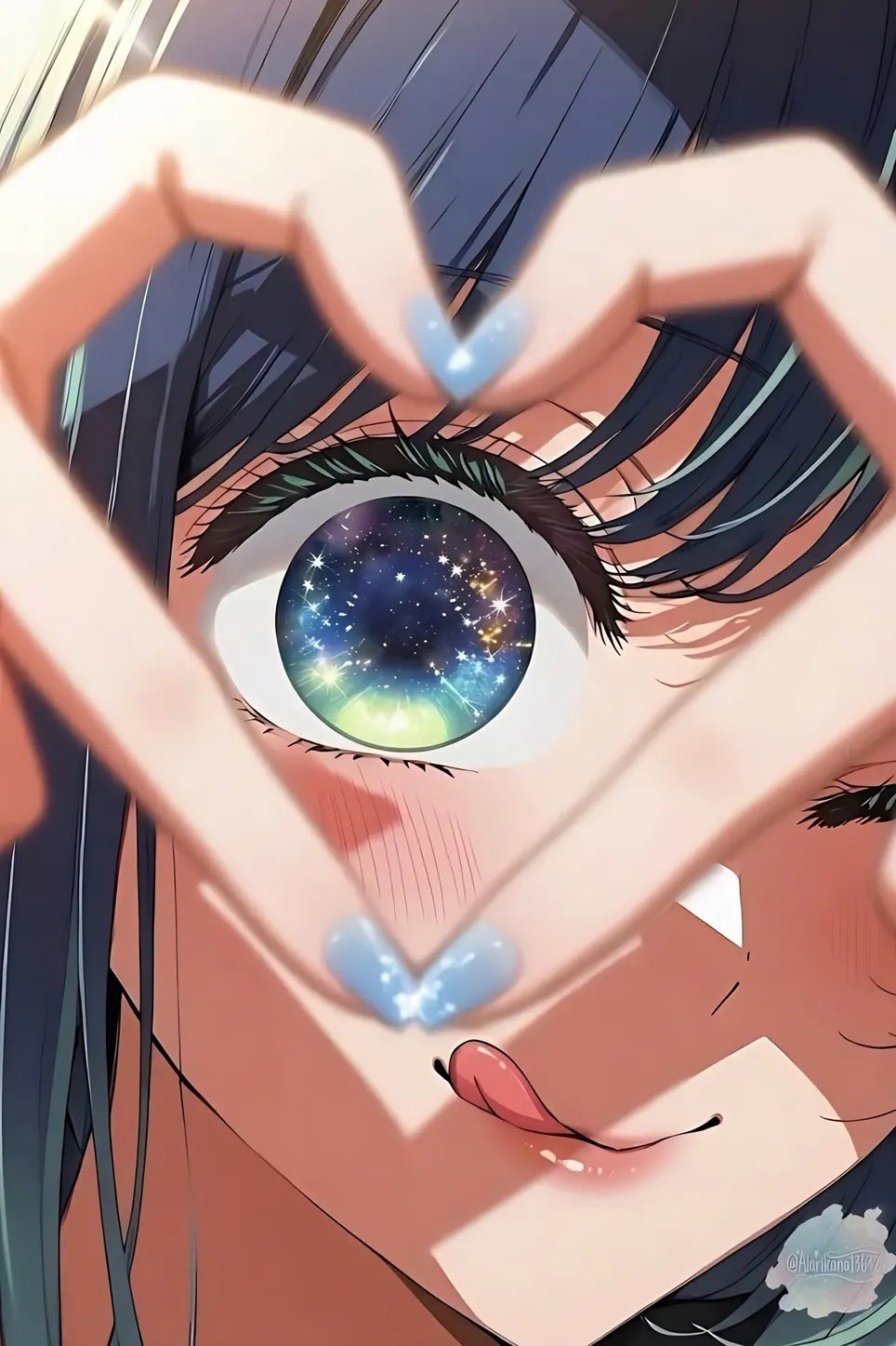 Anime-style character making a heart gesture with both hands shows vibrant expression